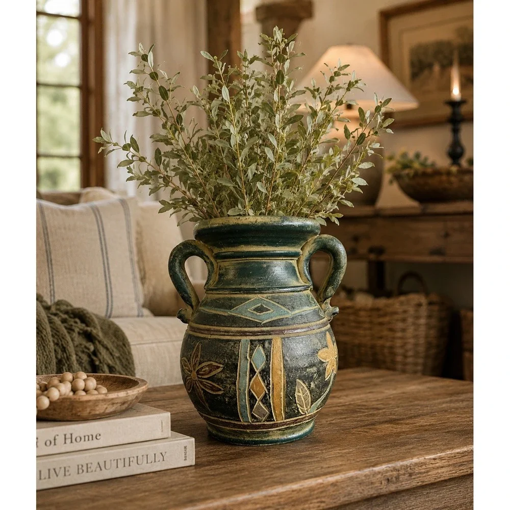 Vintage‎ Rustic Hand Painted Terracotta Amphora Vase Teal Geometric Floral 7.5
